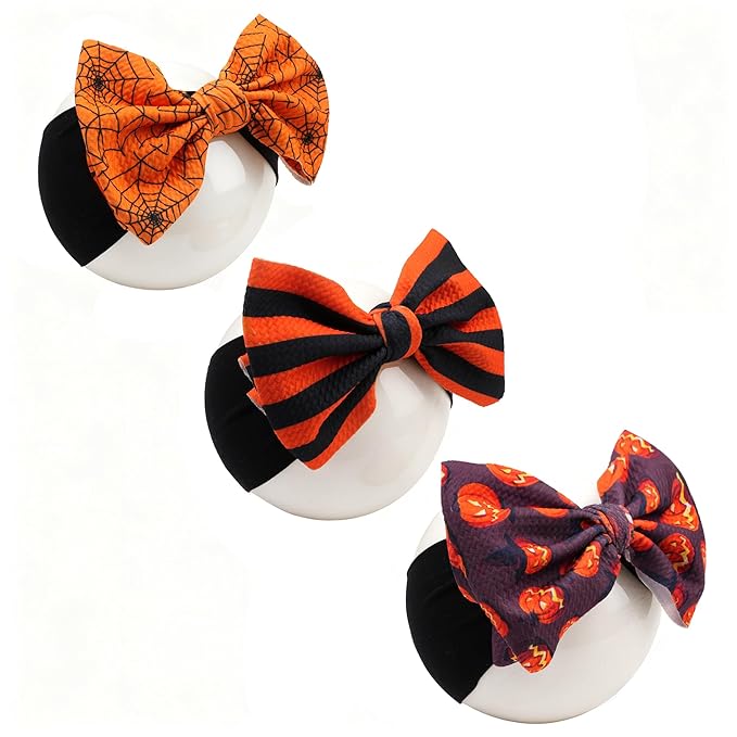 Halloween Baby Headbands 3 Pcs Nylon Headbands with Bows for Baby Girl for Newborns, Infants, Toddlers Halloween Outfit