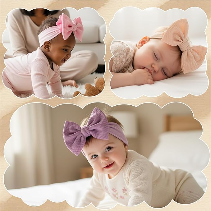 Baby Bow Headbands 3 Pcs Baby Girl Headbands with Bows Soft Nylon Beige/Purple/Pink Headband Bows for Baby Girls, Newborns, Infants