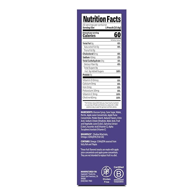 Brainiac Fruit Snacks, Mixed Fruit, Brain Boosting Patented BrainPack Ingredients with Omega-3s DHA/EPA and Choline, Functional and Nutritious Snacks, 40ct