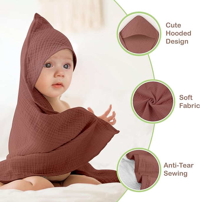 100% Organic Cotton Muslin Baby Hooded Towels 32x32 Inch – 2 Pack Soft & Absorbent Newborn Bath Towels for Boys & Girls, Premium Hooded Towels, Ultra-Gentle Baby Essentials in Rust/Ivory