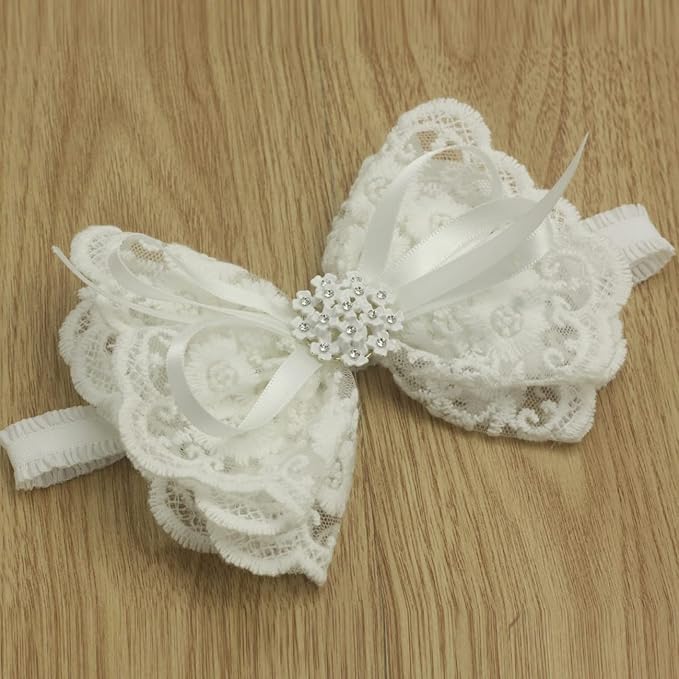 White Baby Bow Headband for Baptism Christening Satin Lace Hair Band with Cross for Toddler (Embroidery Lace white bow with pearl-5, 6 months-2 years old)
