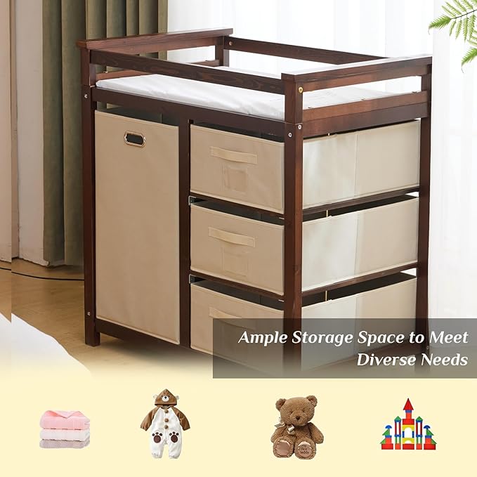 Karl home Modern Baby Changing Table,Dresser Baby Diaper Changing Station with Laundry Hamper,Infant Nursing Table with 3 Storage Drawers,Removable Safety Rail & Strap for Bedroom,Nursery,Brown