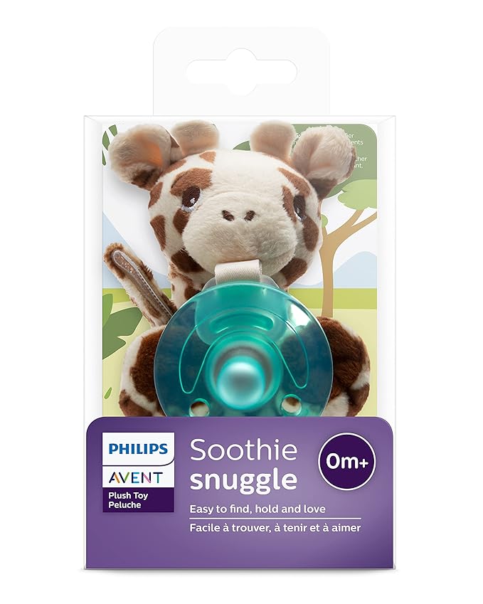 Philips AVENT Soothie Snuggle Pacifier Holder with Detachable Pacifier,0m+,Giraffe,SCF347/01,(Pack of 3)