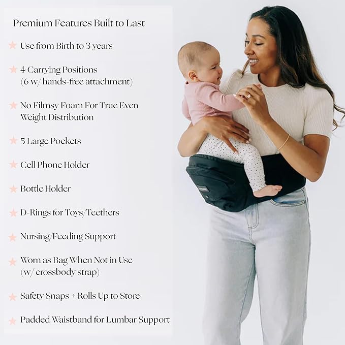 Tushbaby The Original Premium Quality Hip Seat Carrier – Safety-Certified Baby & Toddler Carrier with Secure Safety Buckles, No-Flimsy-Foam Design, Storage Pockets & Nursing Pillow. 0–3 yrs