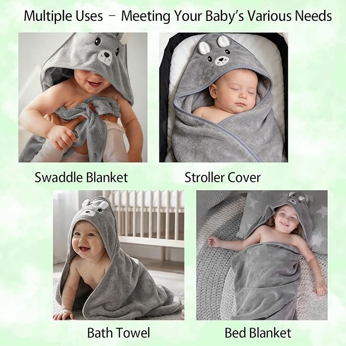 4 PCS Hooded Baby Towel Set, 32x32 Inch Absorbent Baby Bath Towels, Soft Hooded Towels and 3 PCS Washcloths, Unisex Baby Gift Set for Newborns, Babies, Toddlers (Gray)