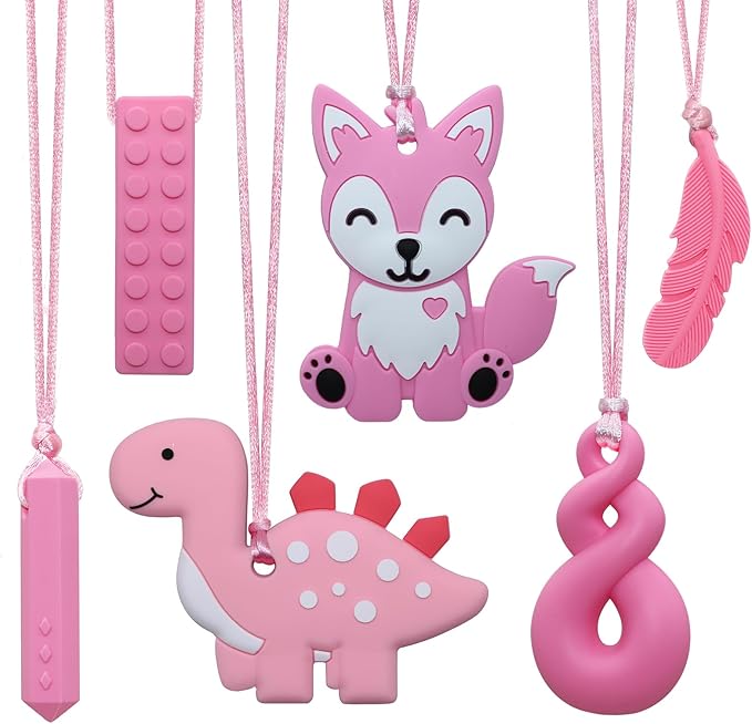 Chew Necklaces for Sensory Kids, 6 Pack Fox and Dinosaur Silicone Chewy Necklace for Boys and Girls with Autism, ADHD, SPD, Sensory Chewing Toys for Autistic Children Reduce Anxiety Fidgeting