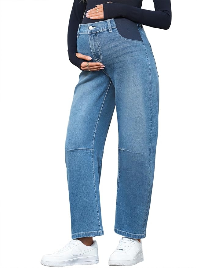 BLENCOT Women's Maternity Jeans Elastic Hight Waist Stretch Barrel Jeans Wide Leg Side Panel Pregnancy Denim Pants