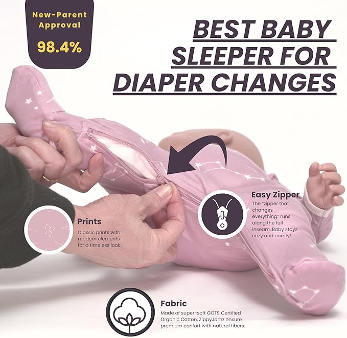 zippyjamz – Zipper Organic Sleeper Footed Onesies Sleeper Baby Pajamas with Inseam Zipper