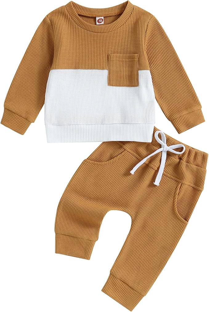 Toddler Baby Boy Fall Outfit Long Sleeve Crew Neck Contrast Color Sweatshirt Top Pant Cute Newborn Infant Waffle Clothes