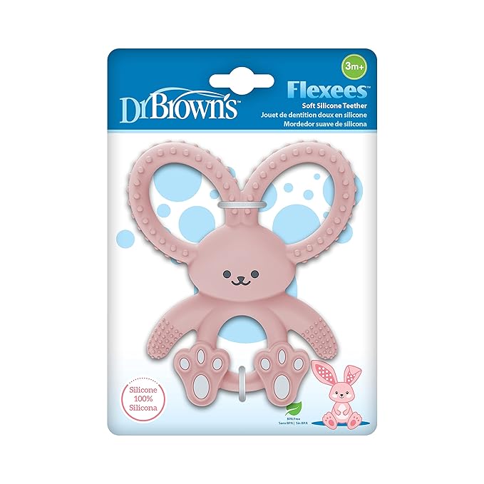 Dr. Brown's Flexees Teether, Pink Bunny, Soft 100% Silicone Baby Teether, BPA Free, 3m+, 1 Pack
