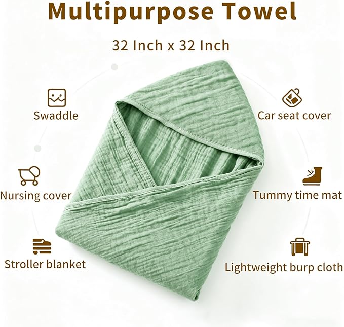 Organic Muslin Hooded Baby Bath Towels - 2 Pack 100% Organic Cotton Towel for Babies, Infants, Toddlers - 32x32Inch - Highly Absorbent and Newborn Essential(Brown Green)