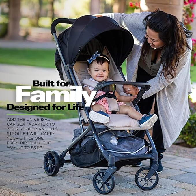 Joovy Kooper Lightweight Baby Stroller Featuring Removable, Swing-Open Tray, Big Wheels, Reclining Seat with Footrest, Extra-Large Retractable Canopy, and Compact Fold (Sand)