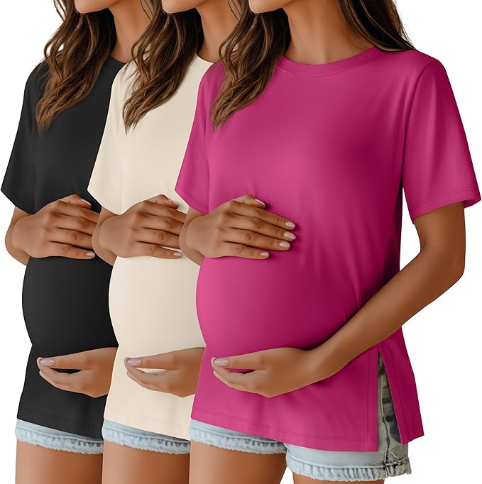 Ficerd 3 Pack Women's Maternity T Shirts, Short Sleeve Side Split Pregnancy Tops Casual Crew Neck Pregnant Tees Mama Clothes