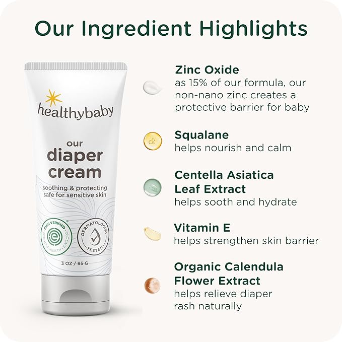 HealthyBaby Our Diaper Cream | Hypoallergenic Zinc Oxide & Squalane Diaper Cream | Fragrance Free, EWG Verified + Non-GMO, 3 oz