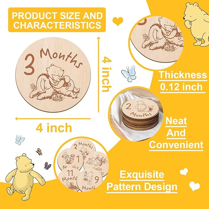 7 Pcs Winnie Baby Monthly Milestone Markers, Winnie Double Sided Winnie Baby Months Wooden Signs with Storage Bag, Winnie Baby Shower Gifts, Winnie Baby Monthly Announcement Wooden Discs, Winnie Gifts