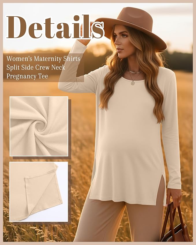 Riyiper 3 Pack Women's Maternity Long Sleeve T-Shirts Round Neck Side Split Tops Loose Casual Pregnancy Mama Clothes Fall