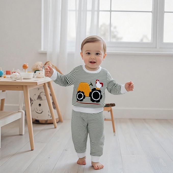 Toddler Baby Boy Fall Winter Outfits Tractor Print Long Sleeve Sweatshirt Pants Set Kids Sweatsuit Clothes