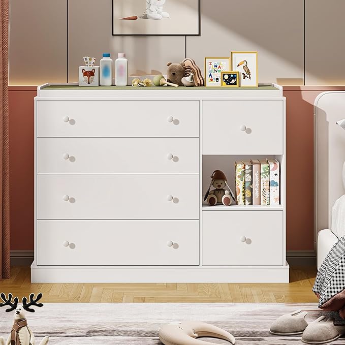 Kids Dresser Cabinet with 6 Drawers, Changing Table for Nursery with Shelf, Multi-Functional Chest of Drawers, Kids Bedroom Furniture, Nightstand for Children's Room, White