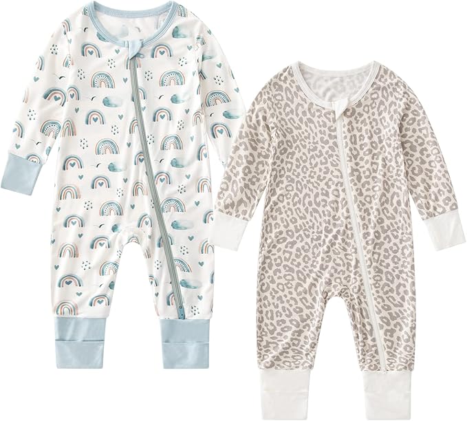 OPAWO Viscose from Bamboo Baby Pajamas Girl 2pack Mittens Cuff 2 Way Zipper Soft Footless Sleeper Baby Boy One-Piece Romper