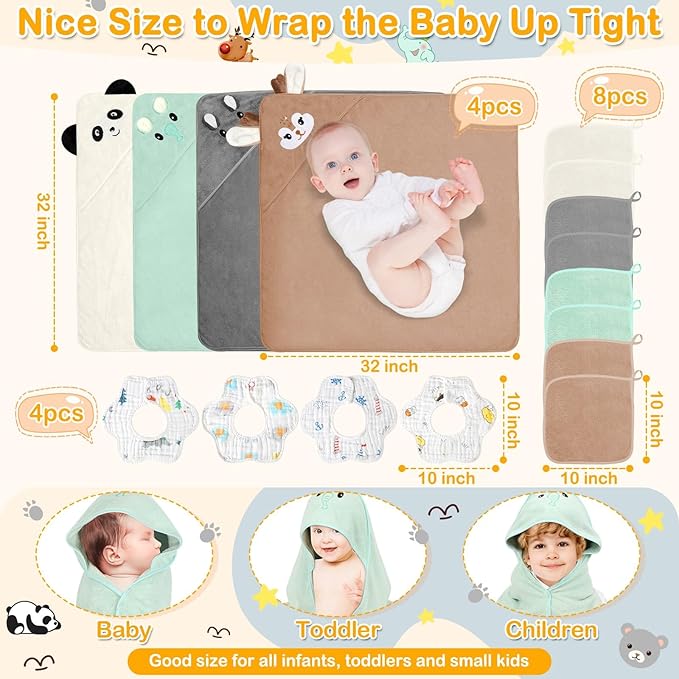16 Pcs Baby Towels Set for Infants Toddlers, 4 Pcs Hooded Bath Towels, 4 Pcs Baby Bibs & 8 Pcs Washcloths Set, Absorbent Soft Newborn Gift for Boys & Girls-Elephants, Pandas, Bears & Moose