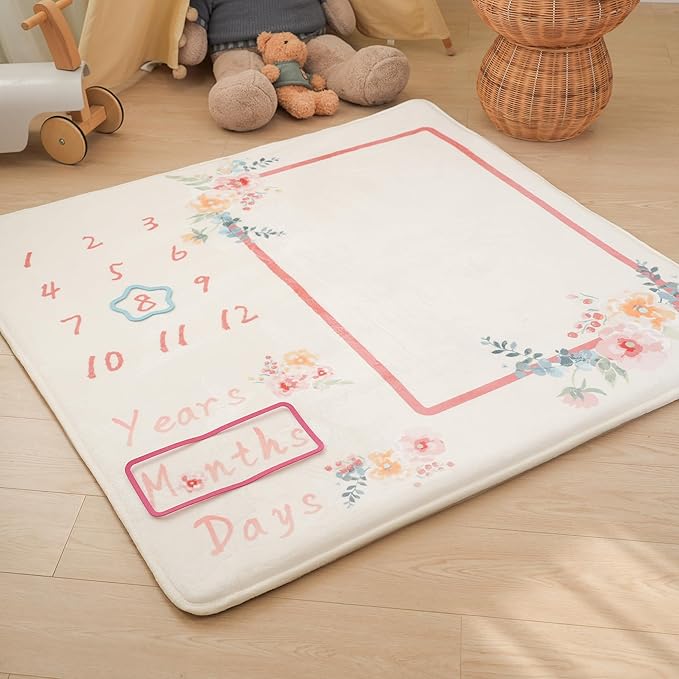 1.3" Thick Playmat for Floor, 50 x50 Monthly Milestone Mat, Padded Support Soft Plush Nursery Mats for Crawling Kick Activity, Flannel Photography Background Prop for Grils