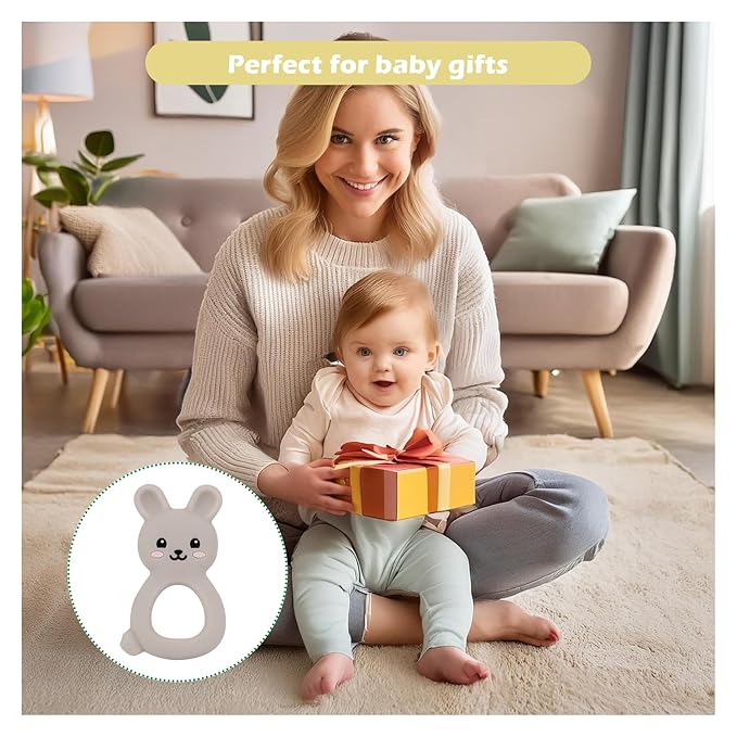 Baby Bunny Teether, Food-Grade Silicone Toy for Infants 3–12 Months, Easy-Grip Chew Toy with Textured Ears for Sensory Exploration, Freezable & Dishwasher Safe (Light Grey)