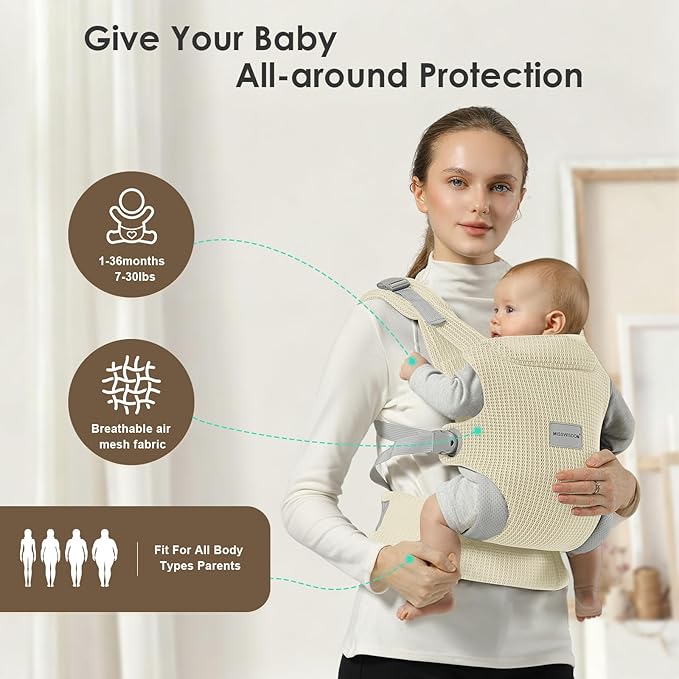 Baby Carrier Newborn to Toddler, Easy Adjustable Toddler Carrier for 7-30lbs, Baby Holder Wrap Carrier, Breathable Mesh Fabric Infant Kangaroo Hip Carriers with Lumbar Support, Beige