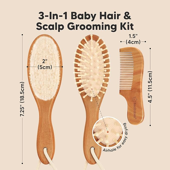 Baby Hair Brush Set for Newborns - Soft Goat Bristle Wooden Baby Brush and Comb Set Newborn Grooming Kit for Cradle Cap, Durable & Gentle, Boy, Girl Infant Essentials Care Kit (Oval, Golden Oak)