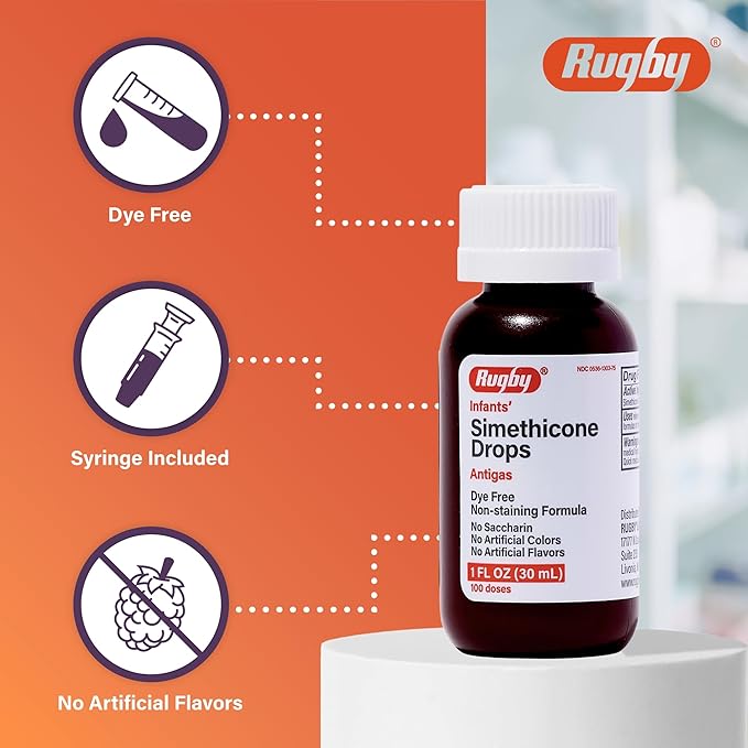 Rugby Dye-Free Infants' Gas Drops - Simethicone 20 mg Liquid Drops for Newborns, Babies, Toddlers, and Kids - Fast Relief from Gas Discomfort - No Artificial Colors or Flavors - 1 Fl. Oz. (2 Pack)