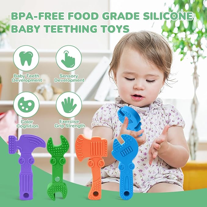 TYRY.HU Baby Teething Toys for Babies, Baby Teether Toys, BPA Free Silicone Baby Molar Teether Chew Toys, Hammer Wrench Spanner Pliers for Boys Girls, Soft-Textured, Easy to Hold & Clean, 4 Packs