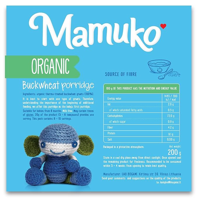 MAMUKO Baby Porridge - Buckwheat Porridge with GMO-Free - Organic Porridge for Healthy Growth & Development - Vegan Porridge Ideal for Babies 6-9 Months - (200g & 10 Servings)