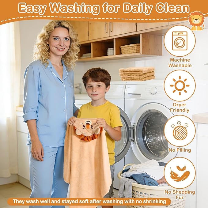 4 Pcs Baby Towels and Washcloths Set, Soft Hooded Bath Towel, 1 Baby Towel and 3 Baby Washcloths for Newborns, Toddlers, and Kids, 32x32 inch Baby Towel with Hood for Boy and Girl (Brown Lion)