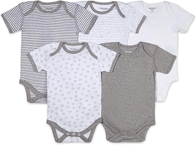Burt's Bees Baby Bodysuits, Short Sleeve and Long Sleeve One-Pieces, 100% Organic Cotton, Pack of 5