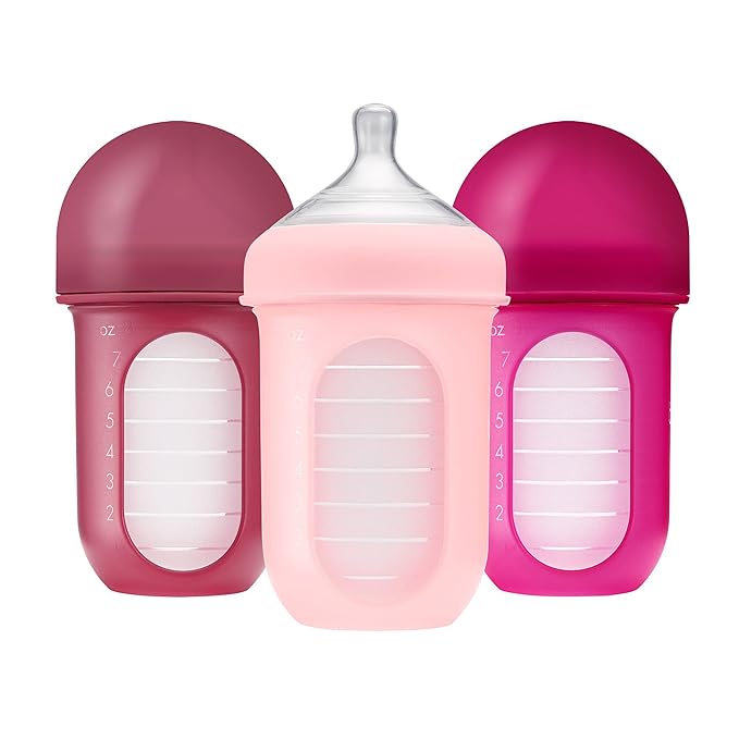 Boon Nursh Bottles - Silicone Baby Bottles Help Ease Colic Symptoms - Formula and Breast Milk Only Touch Food-Grade Silicone - Medium Flow - 8 Oz - Pink