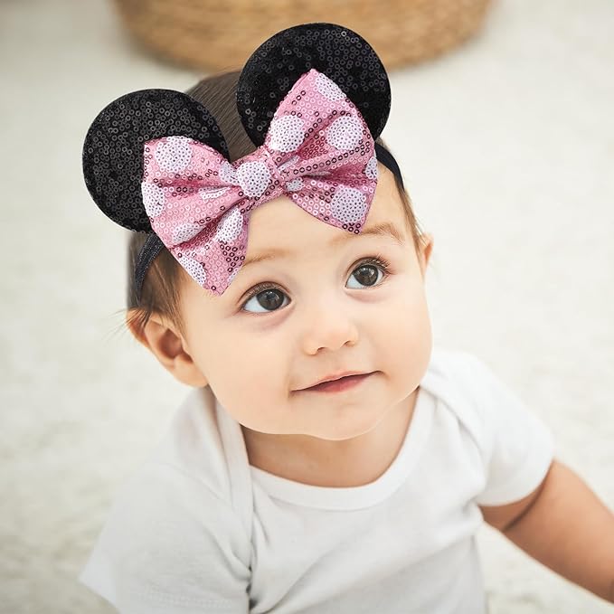 choicbaby Baby Girl Headbands Mouse Ears Headwrap with Sequin Polka Dot Bow Soft Stretchy Nylon Hair Bands for Newborn Infant Baby Toddler Girls- Pack of 2