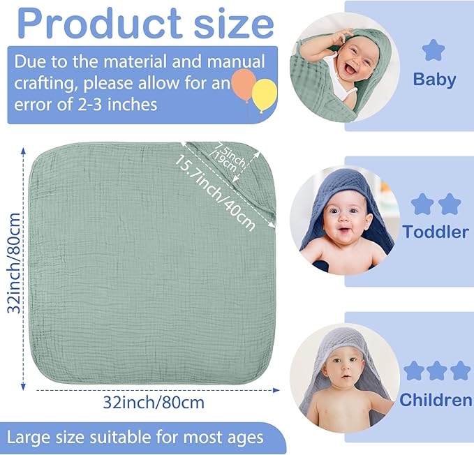 Peryiter 6 Pcs Muslin Hooded Baby Towels 32x32inch Cotton Newborn Bath Essentials Muslin Infant Blankets Absorbent Registry Baby Shower Present for Babies Girl Boy Kids (Green Series)