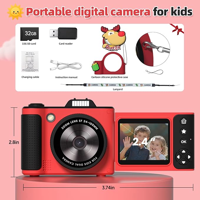 Kids Camera, Christmas Birthday Gifts for Boys Girls Age 3-12,Upgrade HD Flip Digital Video Cameras for Kids, Portable Toys for 3 4 5 6 7 8 9 10 Year Old Childrens with 32GB SD Card-Red