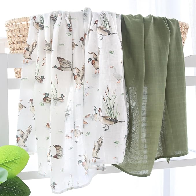 LifeTree Muslin Swaddle Blankets, Baby Swaddling Wrap Nursery Receiving Blanket for Boys & Girls, 70% Viscose from Bamboo and 30% Cotton, Large 47 x 47 inches Mallard Duck/Olive Green