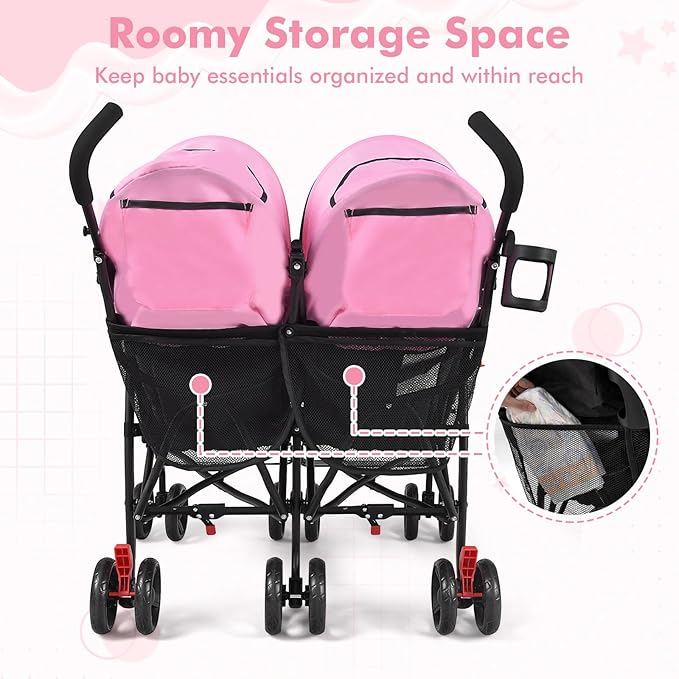 BABY JOY Double Umbrella Stroller, Lightweight Travel Side by Side Twin Stroller with Large Storage, Cup Holder, 5-Point Safety Harness, Adjustable Canopy & Compact Fold for Infant and Toddler (Pink)