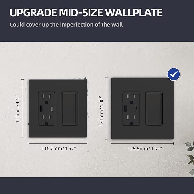 ELEGRP 2-Gang Screwless Decorative Wall Plates, Mid-Size 4.88" height x 4.94" length Unbreakable Thermoplastic Faceplate Cover for Decorator Receptacle Outlet & Switch, UL Listed (1 Pack, Matte Black)