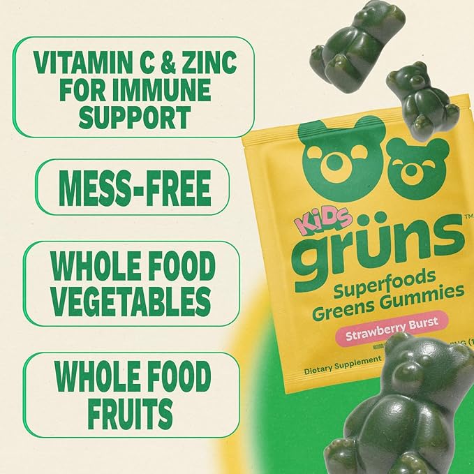 Gruns Multivitamin for Kids, Super Greens Gummies, Superfood Gummy Bears with 20+ Vitamins & Minerals, Spirulina, Chlorella, Alfalfa, Prebiotics Fiber for Digestive Health, Adaptogens Supplement, 28ct