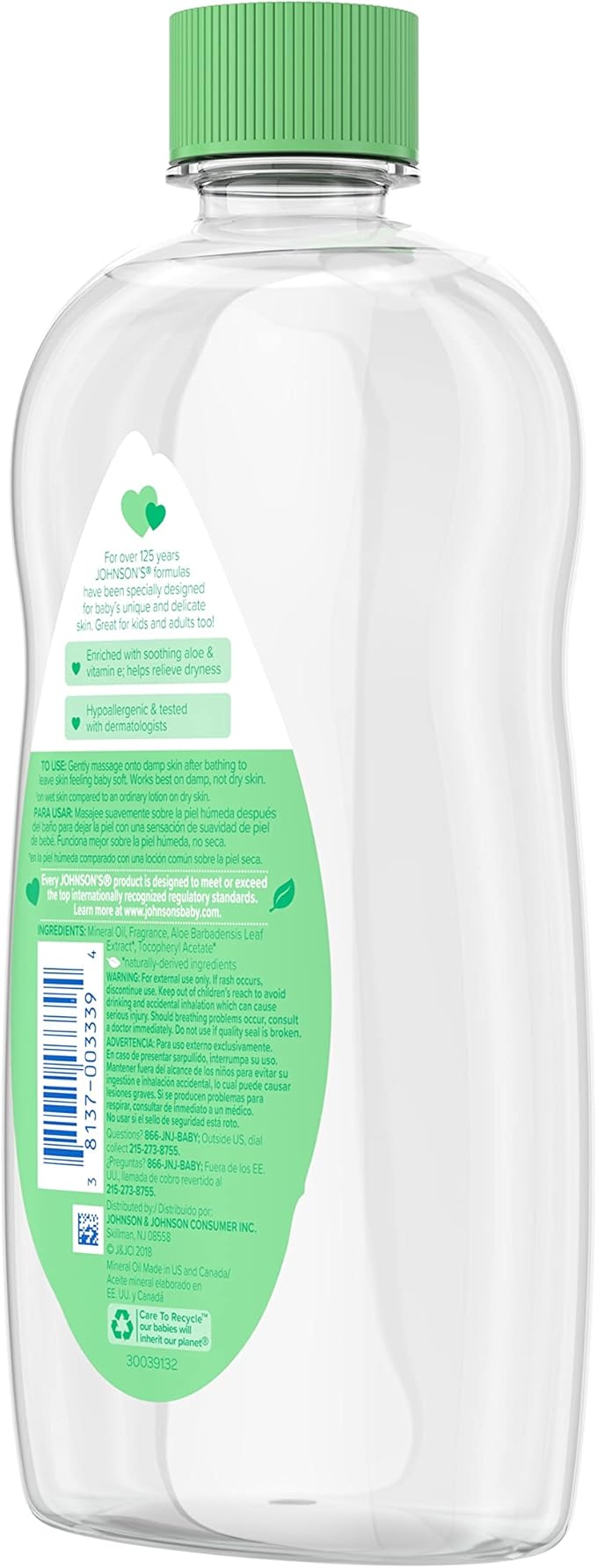 Johnson's Baby Oil, Mineral Oil with Aloe Vera & Vitamin E to help reduce Moisture Loss, Soothing, Moisturizing Baby Massage Oil, 20 fl. oz, 6 Pack