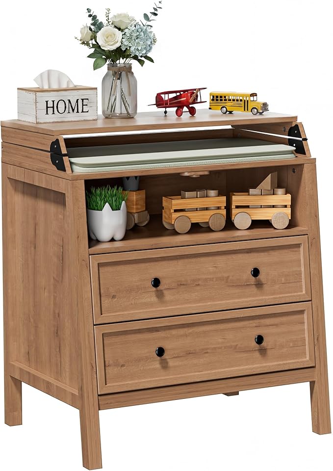 UbabyNest Baby Changing Table with Foldable Tabletop, Baby Dresser with 2 Wide Drawers & Open Storage Space, Modern Diaper Changing Station, Perfect for Nursery, Natural Wood (Pad Not Included)