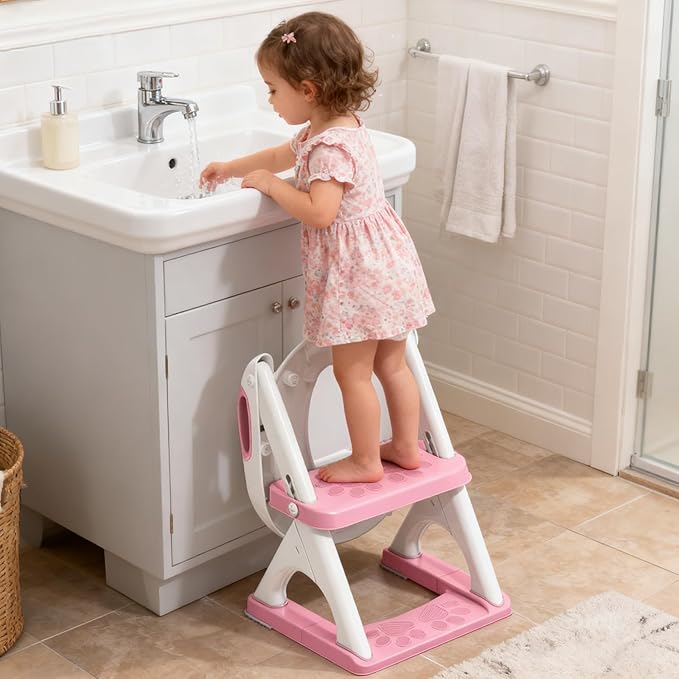 SKYROKU Potty Training Seat for Toddlers – 2-in-1 Adjustable potty ladder with Step Stool, Anti-Slip Cushion, Splash Guard & Extra-Wide Pedals, Supports 200+ lbs, Ideal for Boys & Girls (8899-Pink)