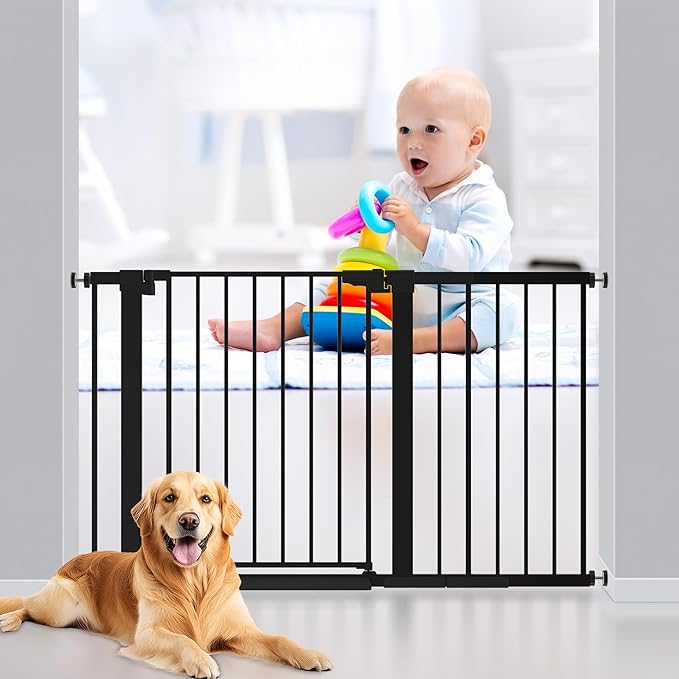 29-51 inches Extra Wide Metal Baby Gate for Stairs/Doorways, 30 inches Tall Pressure Mounted Pet Gates, Auto-Close Child Safety Gate, No Drilling Easy Walk-Through Dog Gate Indoor, Black