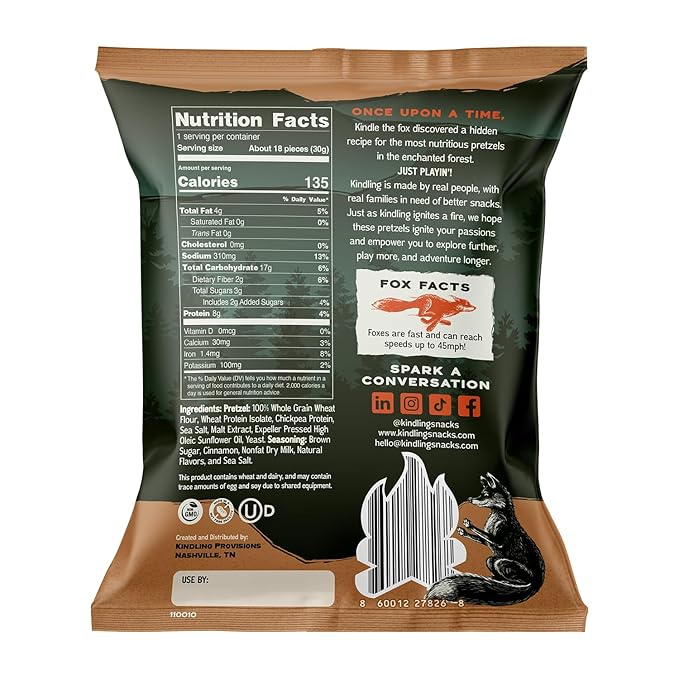 Kindling Protein Pretzels - Churro| Protein-Packed Snack Size Bags | Kosher | 8-9g Protein Per Serving | No Artificial Flavors, Soy-Free | Lunches, Office Snacks, & On-the-Go | 16-Count (1.06oz Bags)
