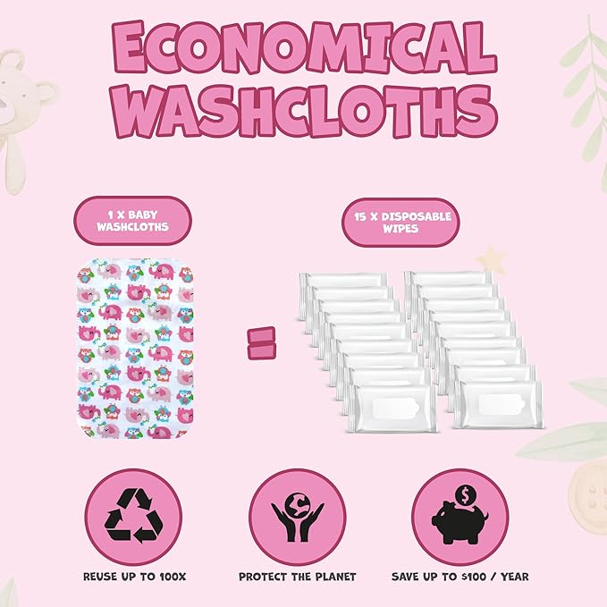 Omilion Baby Washcloth – 30 Pack of Flannel Newborn Washcloths – 100% Cotton - Fun, Colorful Designs – Reusable – Washable – 7x10 Inch Infant Washcloth Set