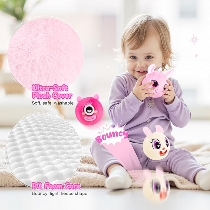 ZOOJOY 3 Pcs Plush Bouncy Balls for Toddlers and Kids, 3-Inch High Bounce Sensory Toys Featuring Unicorn, Bunny & Monster, Soft Game Balls Gift for Girls 6 Months+, Indoor & Outdoor Play