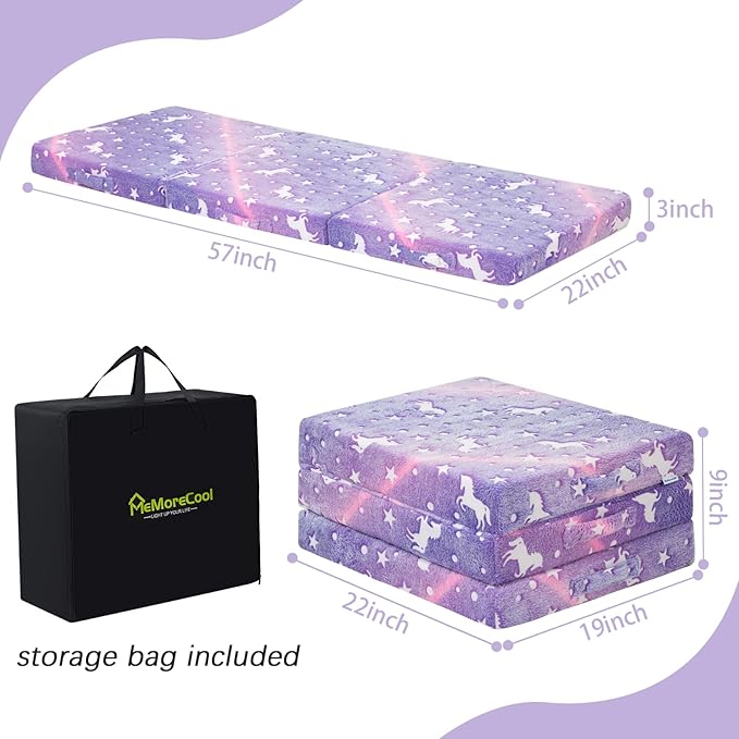 MeMoreCool Foldable Floor Mattress for Kids, Glow Unicorn Trifold Mat, Kids Folding Mattress Portable Futon, 57x22 Inch Purple