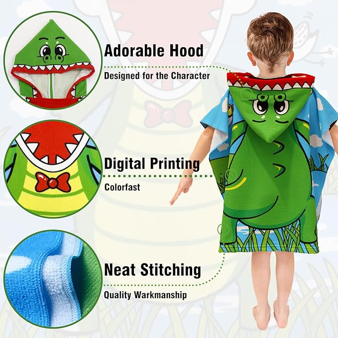 Hooded Kids Beach Towels - Toddler Bath Towel Girls Boys Swim Cover-ups for Ages 1 to 6 Kids Pool Towels Quick Dry Lightweight Soft Microfiber Poncho Towel 24x24 (Alligator Green)